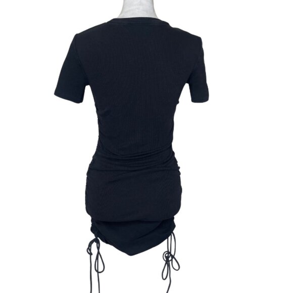 Zara Black Bodycon Ruched Ribbed Knit Short Sleeve Dress Size Medium Goth - Picture 4 of 8